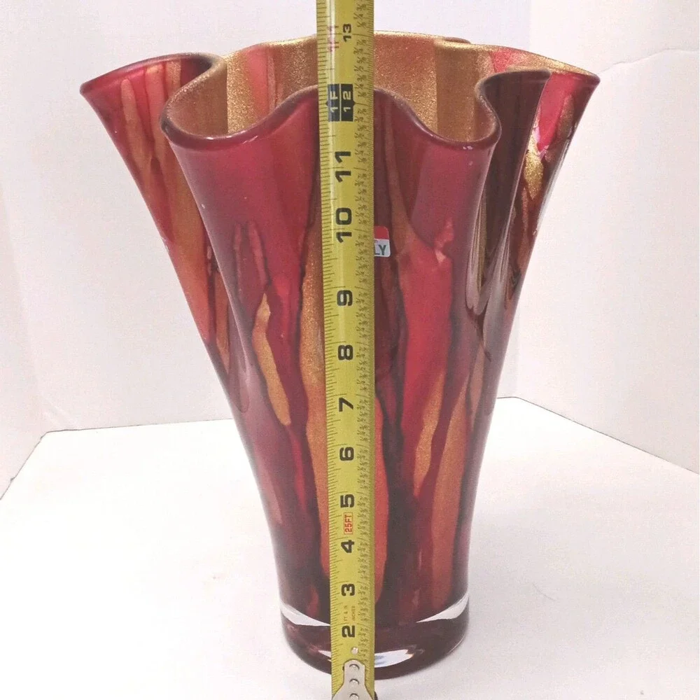 Murano like Italian Art Glass Vase Red & Gold Glossy Ruffled Rim Decorative